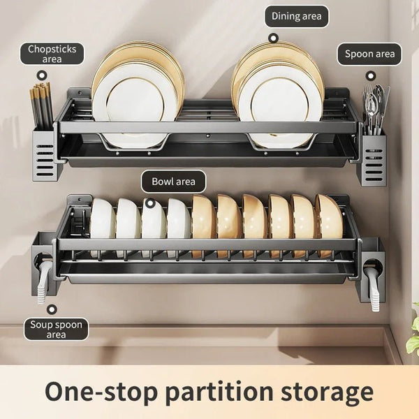رف أطباق معلق على الحائط من الفولاذ الكربوني، منظم مطبخ مع صينية تصريف.