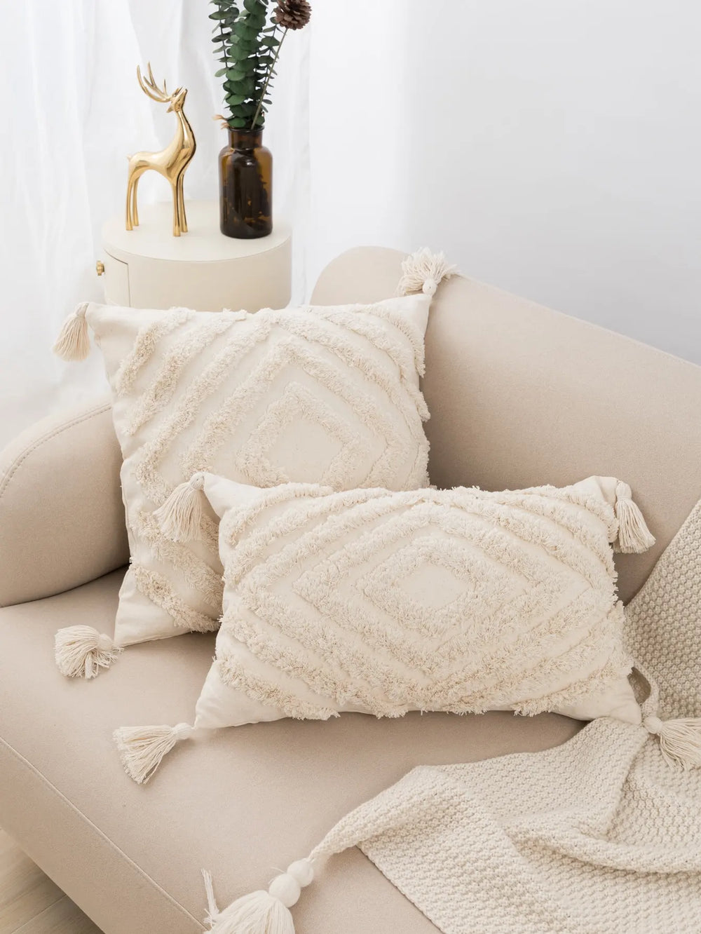 Carefully woven beige cushion cover with woven edges for sofa or bedroom