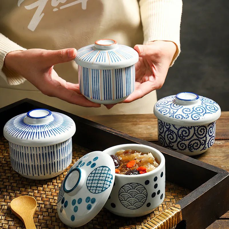 Ceramic pot with lid, multiple patterns