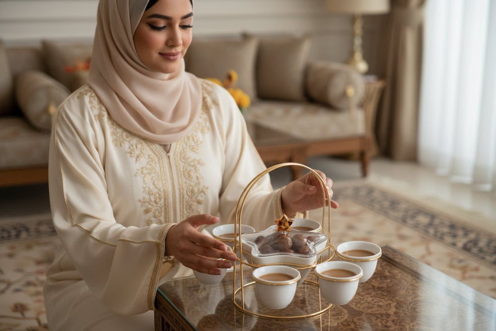 طقم قهوة بورسلين فاخر 9 قطع وحامل معدني ابيض