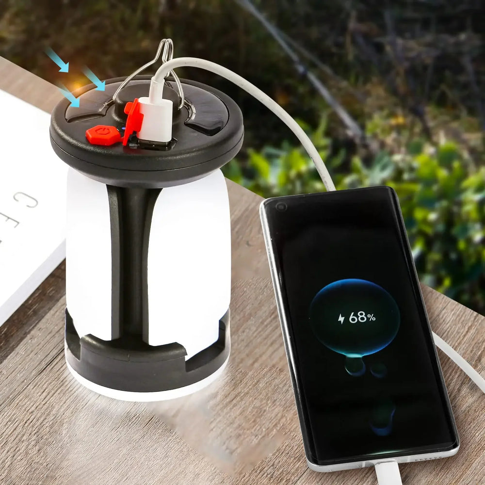 Rechargeable, foldable solar LED camping lamp