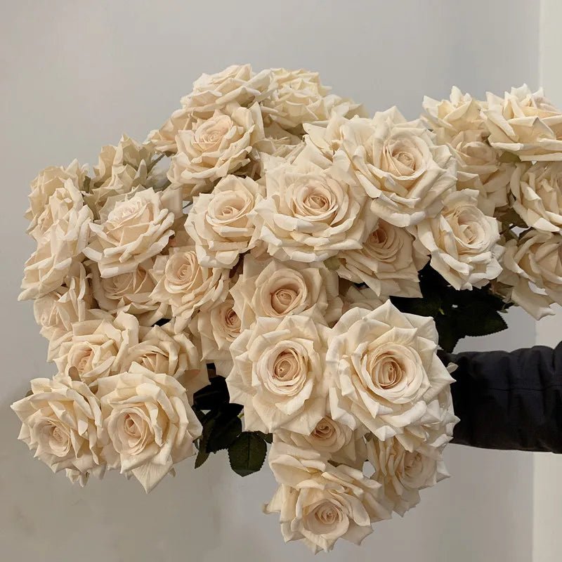 7 Heads Artificial Rose Bouquet - Beige and Ivory Roses in Vintage Design for Wedding Decoration or Home Decor
