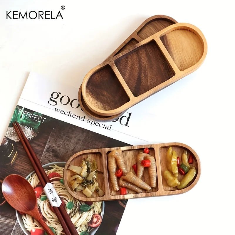 Acacia Wood Rectangular 3-Compartment Cutting Board - Japanese Dipping Plate for Breakfast and Pickled Vegetables