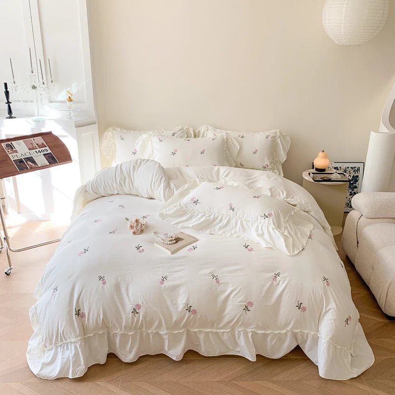Rose Embroidery Duvet Cover Set (3 Pieces) - Princess Design with Lace Trim
