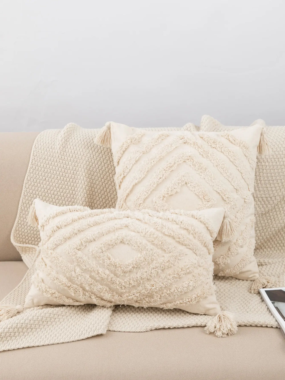 Carefully woven beige cushion cover with woven edges for sofa or bedroom