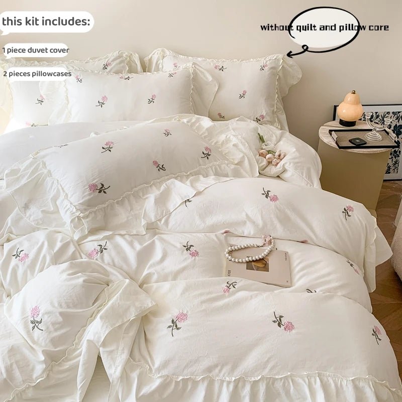 Rose Embroidery Duvet Cover Set (3 Pieces) - Princess Design with Lace Trim