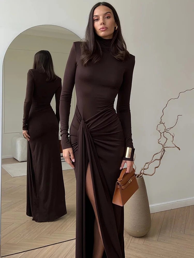 Sexy high slit long dress with elegant round neck and long sleeves