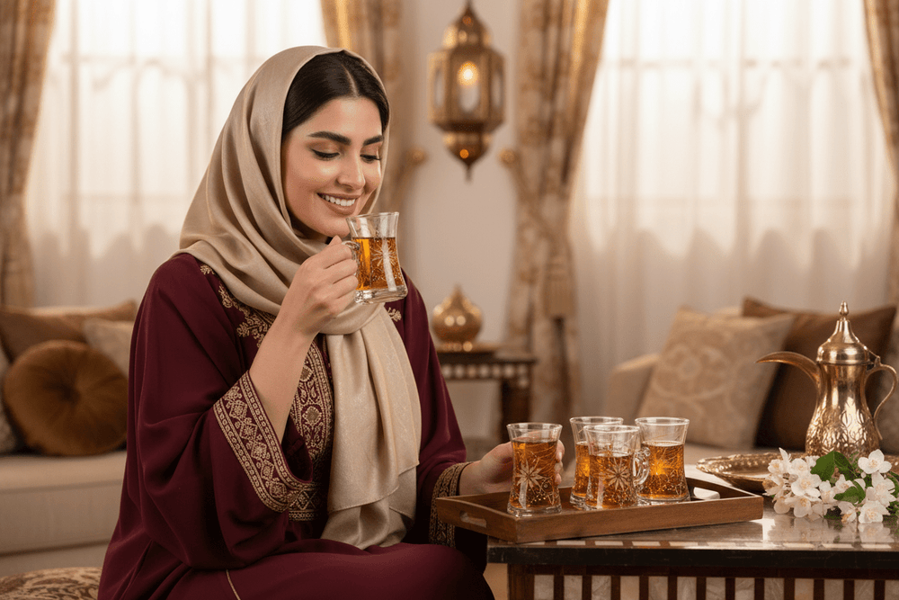طقم 6 بيالات شاي زجاجية مزخرفة بتصميم ذهبي