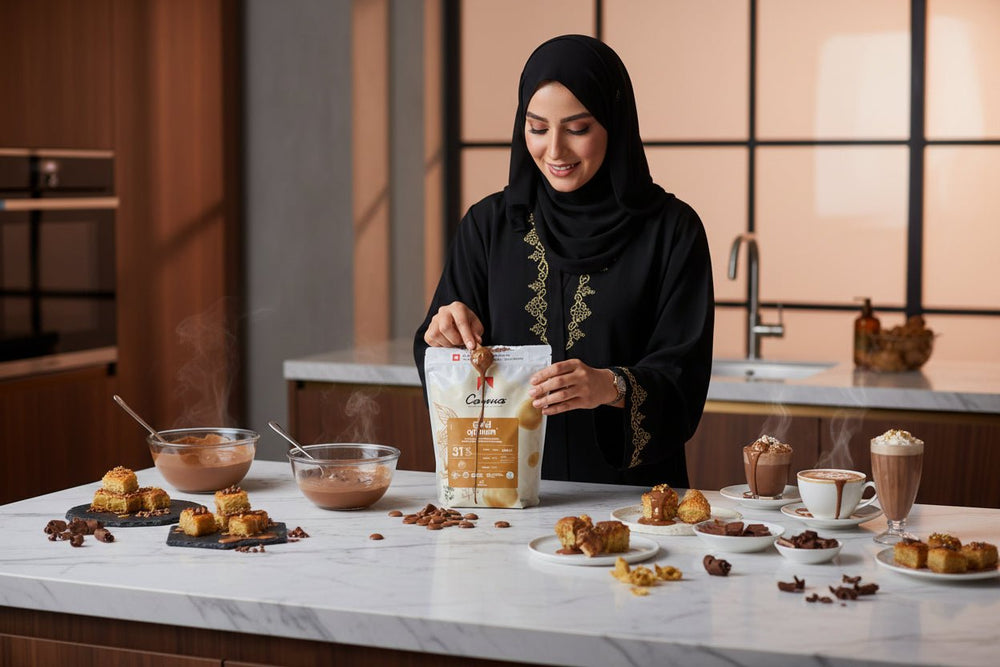 أقراص شوكولاتة كارما جولد كوينتن 31% بيضاء بنكهة الكراميل 1.5 كجم