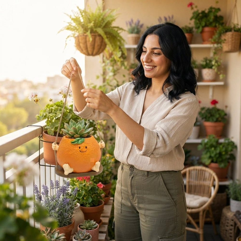 أصيص نباتات برتقالي مبتسم بتصميم سلة معلقة - آنية المنزل الراقي