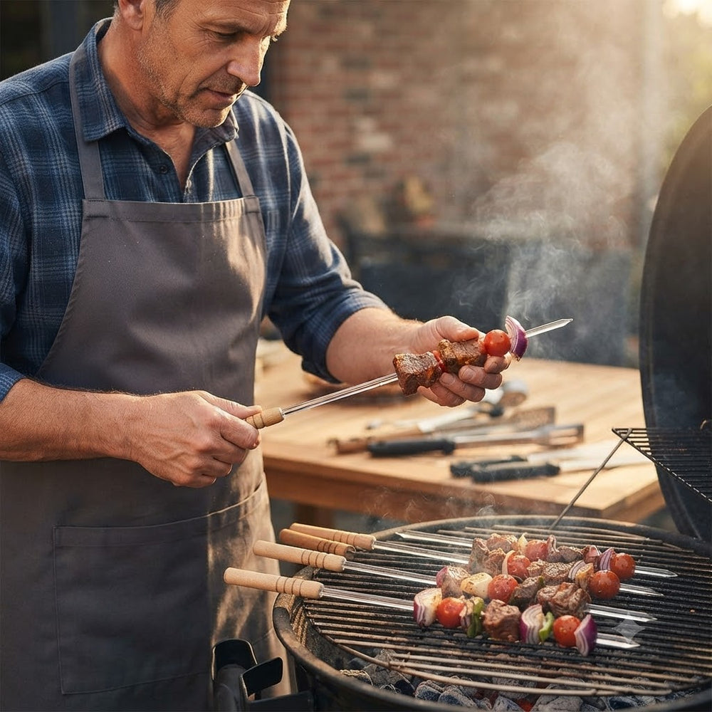 4-piece stainless steel barbecue skewers with wooden handle, 60 cm