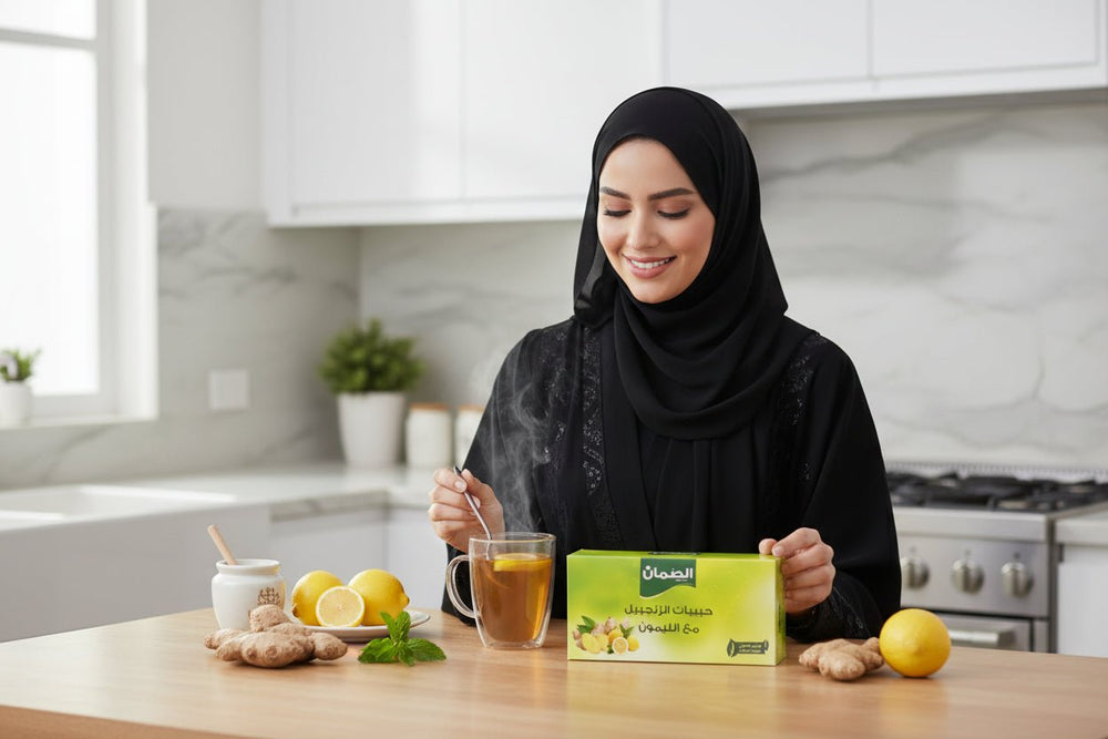 حبيبات الزنجبيل مع الليمون من الصمان  أكياس 10 جرام علبة 20 ظرف