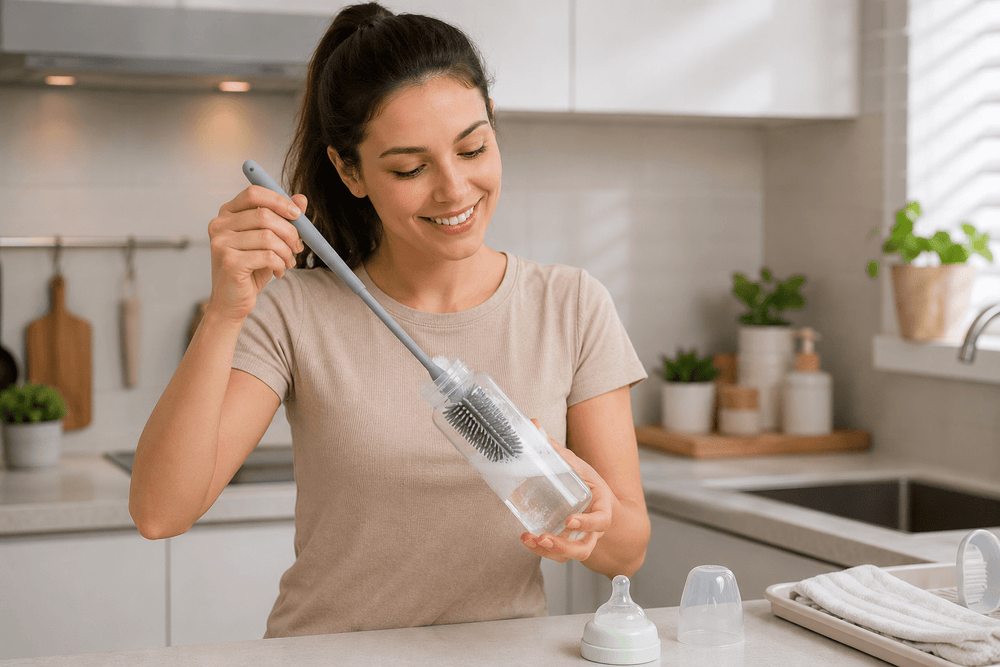 فرشاة سيليكون طويلة لتنظيف الزجاجات والأكواب بيد مريحة - آنية المنزل الراقي