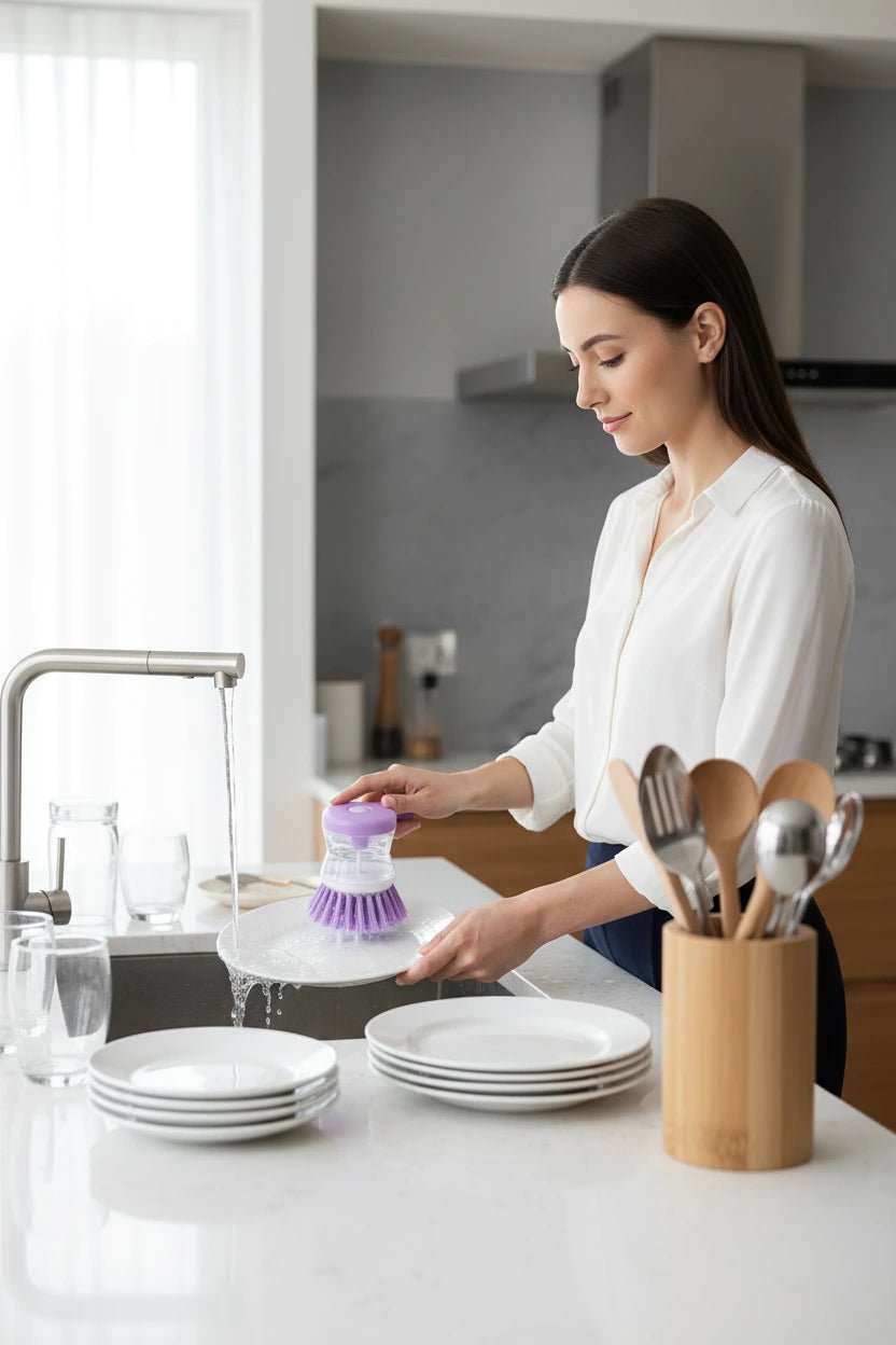 فرشاة تنظيف الأواني مع موزع صابون سائل للمطبخ - آنية المنزل الراقي