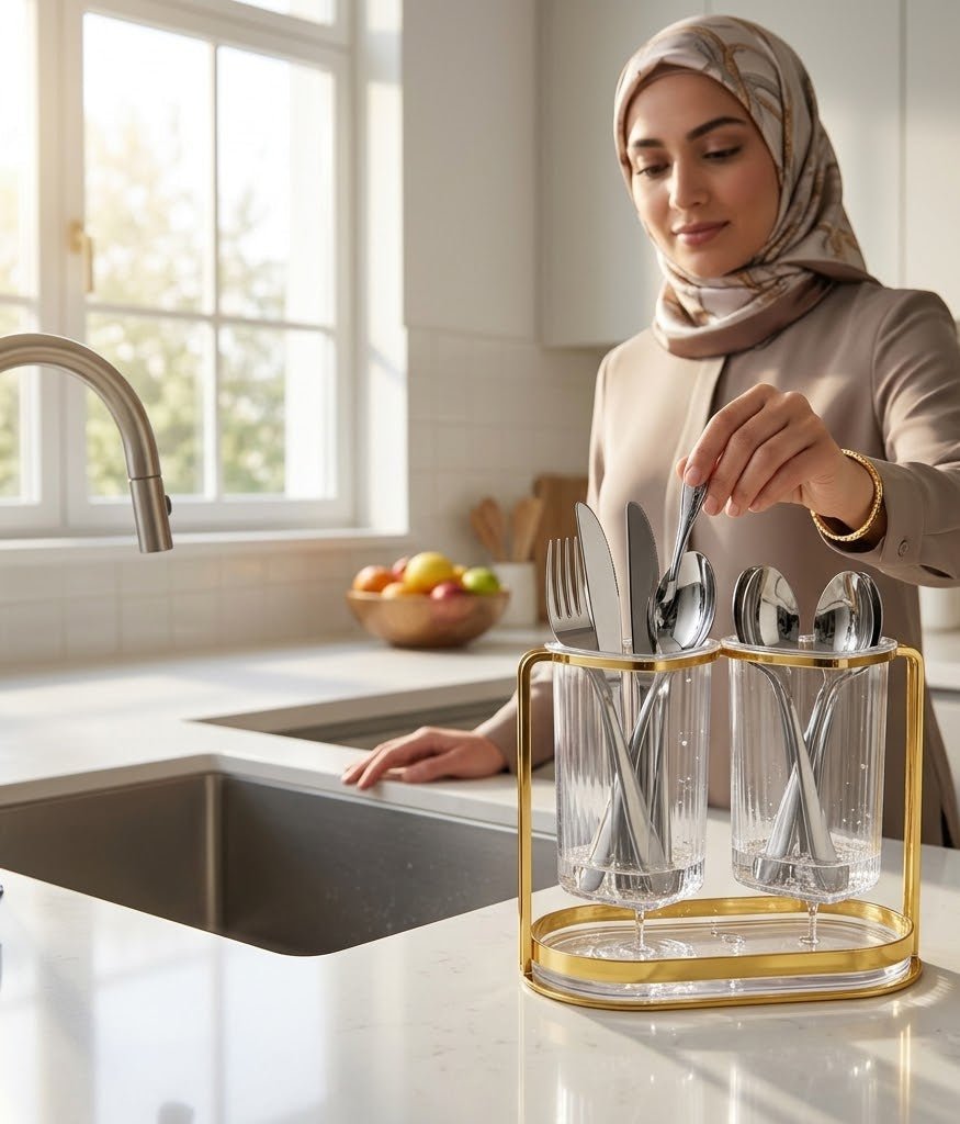 حامل أدوات مائدة بلاستيك مع صينية تصريف 22 × 11 × 17 سم - آنية المنزل الراقي
