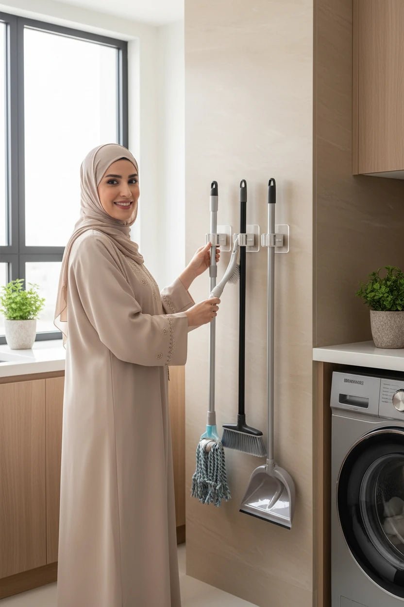 حامل تعليق المكانس والممسحة اللاصق متعدد الاستخدامات لتنظيم أدوات التنظيف المنزلية - آنية المنزل الراقي