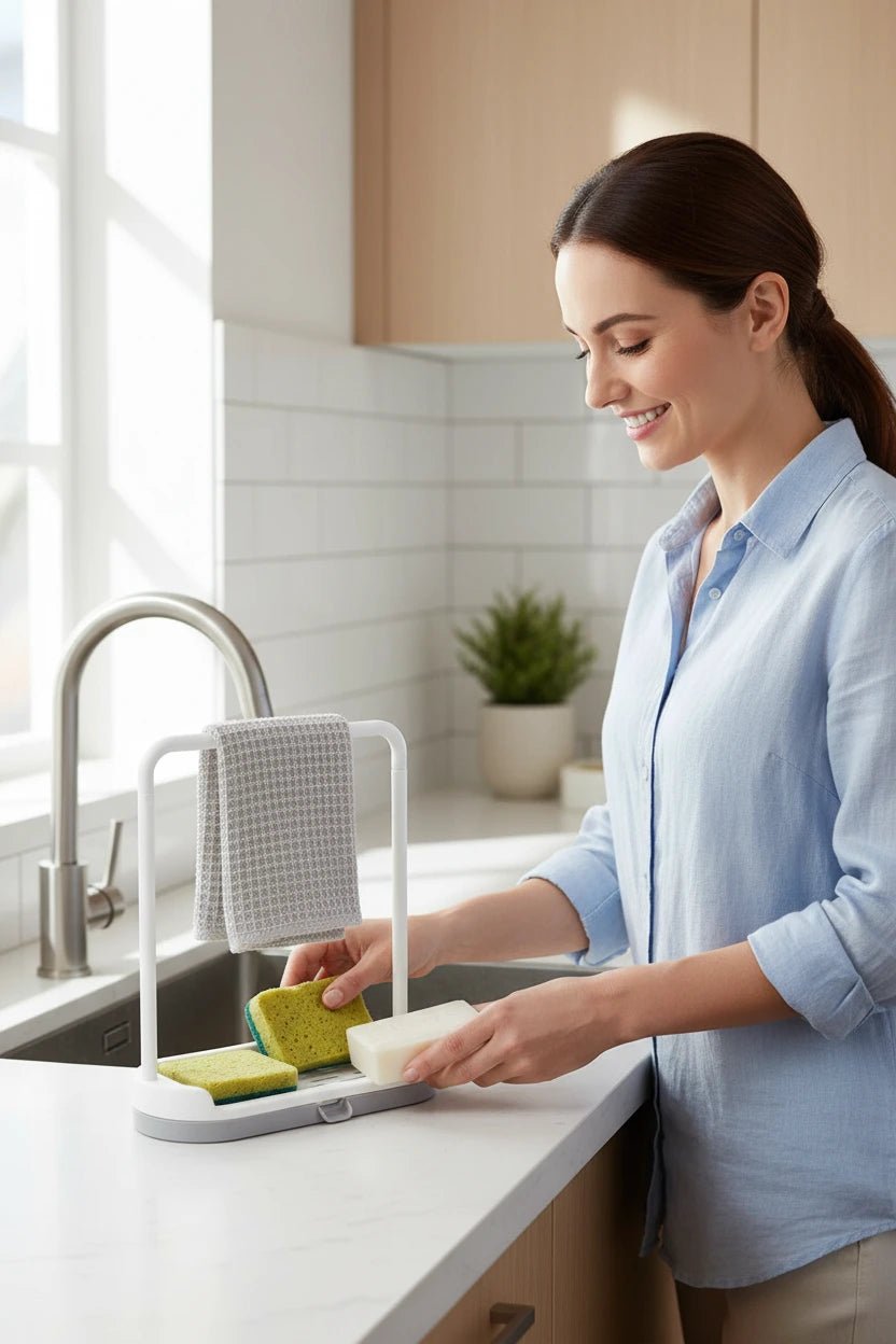 حامل تنظيم إسفنج ومنشفة المطبخ بتصميم عملي لتجفيف وترتيب أدوات التنظيف - آنية المنزل الراقي