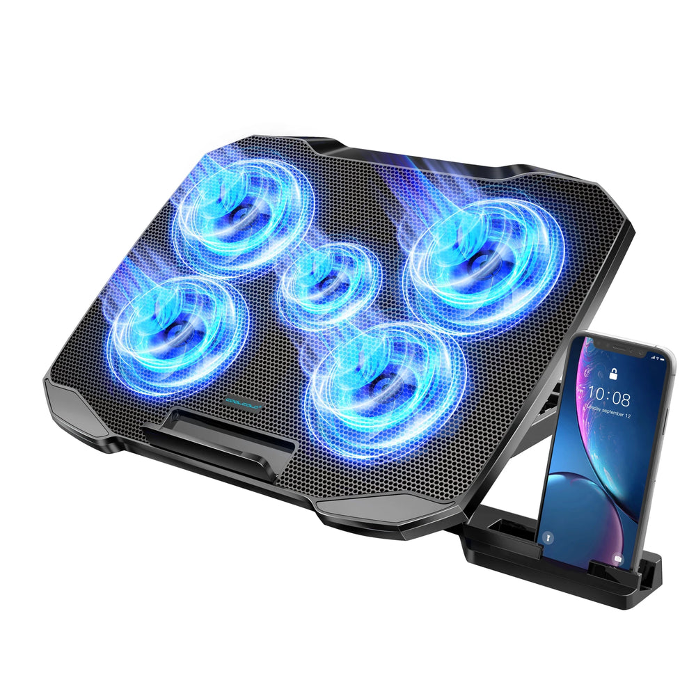 قاعدة تبريد لابتوب COOLCOLD بخمس مراوح مع حامل هاتف وتعديل الارتفاع - آنية المنزل الراقي