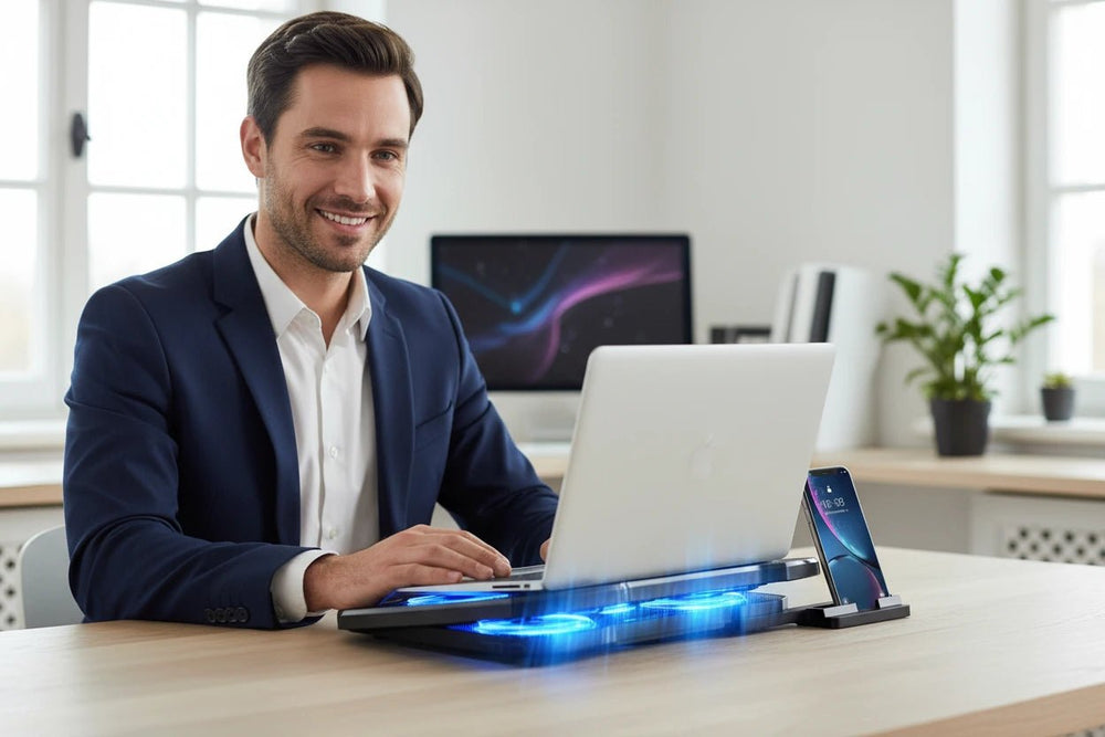 قاعدة تبريد لابتوب COOLCOLD بخمس مراوح مع حامل هاتف وتعديل الارتفاع - آنية المنزل الراقي