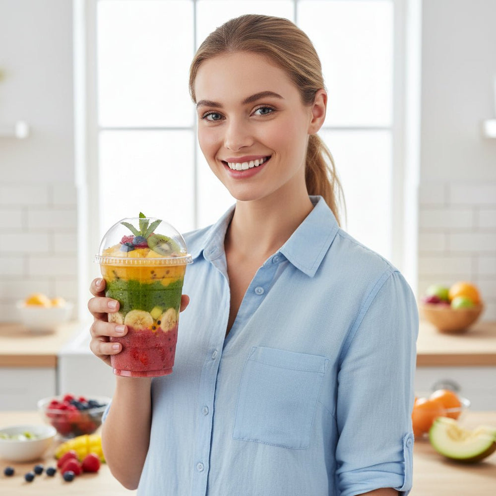 Set of plastic cold drink cups with round lids