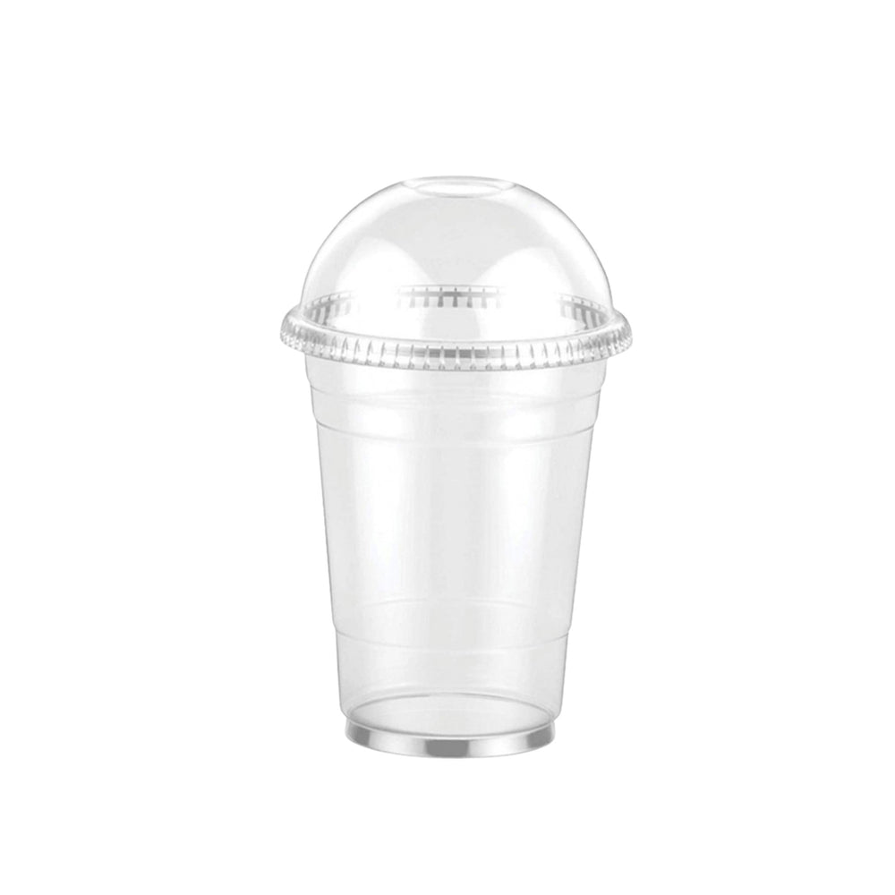 Set of plastic cold drink cups with round lids