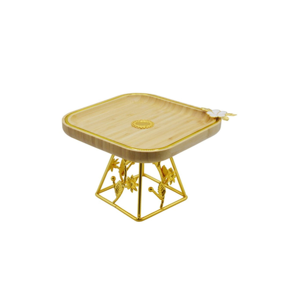 Wooden cake stand with raised metal base 