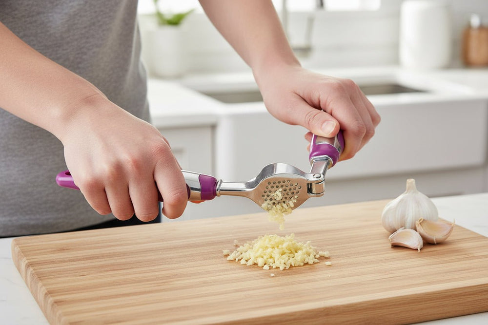 Stainless steel garlic press with plastic handle