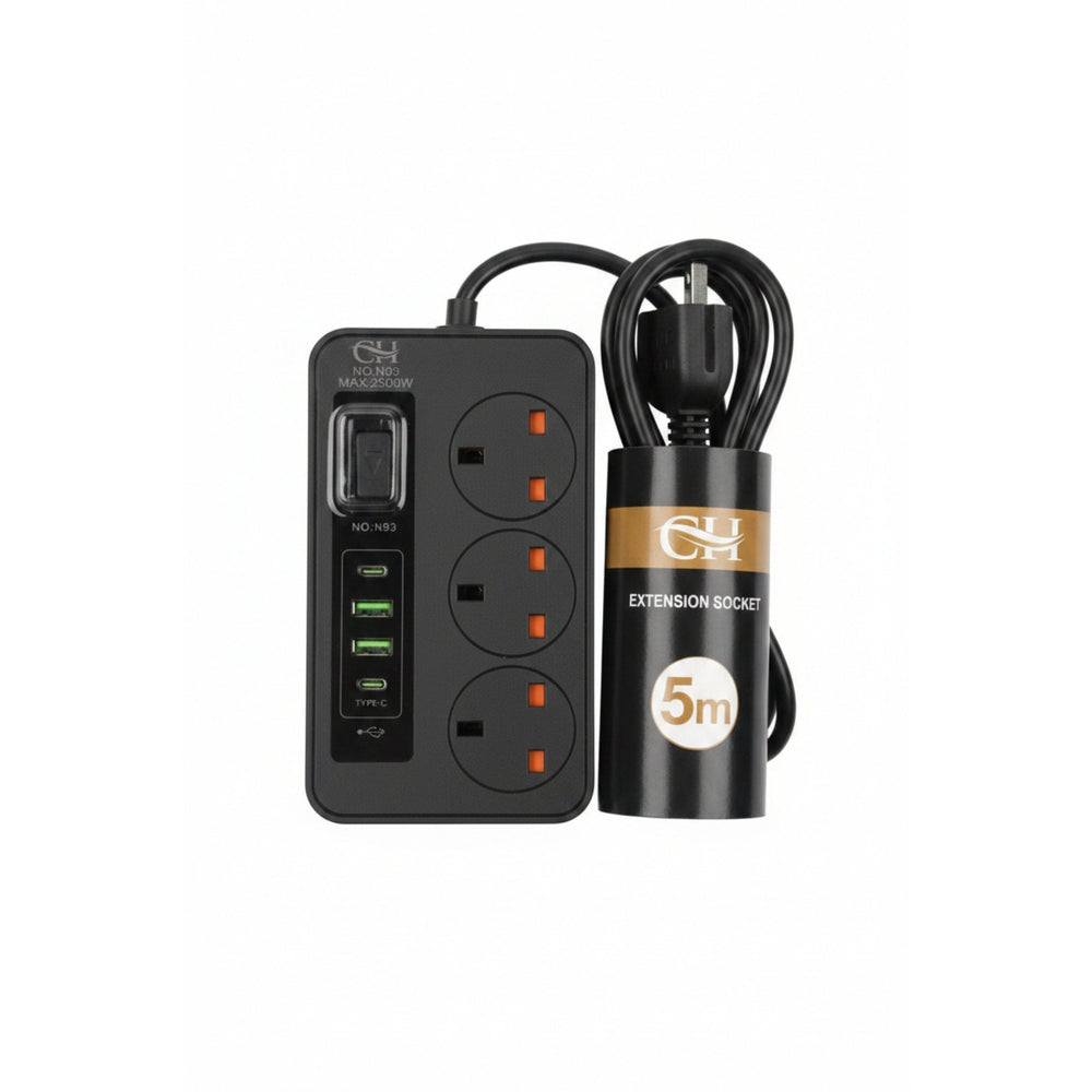 مشترك كهربائي قدرة 2500 واط&nbsp; 3 مقابس + 3 USB + Type-C بطول 5 متر CH N93