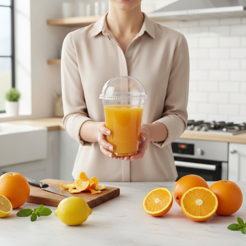 Set of plastic cold drink cups with round lids