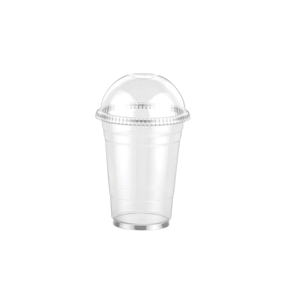 Set of plastic cold drink cups with round lids