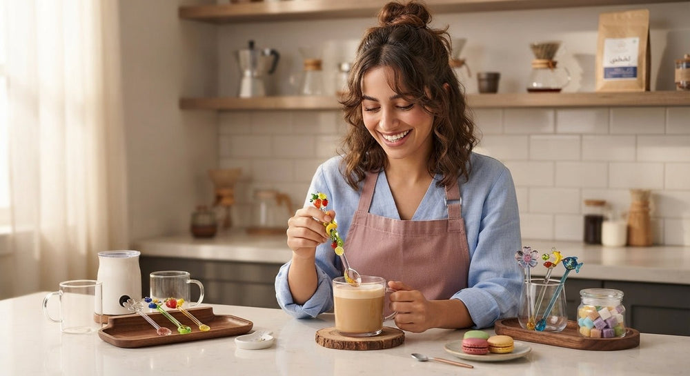 ملعقة زجاجية يدوية بتصميم الفواكه الملونة - آنية المنزل الراقي