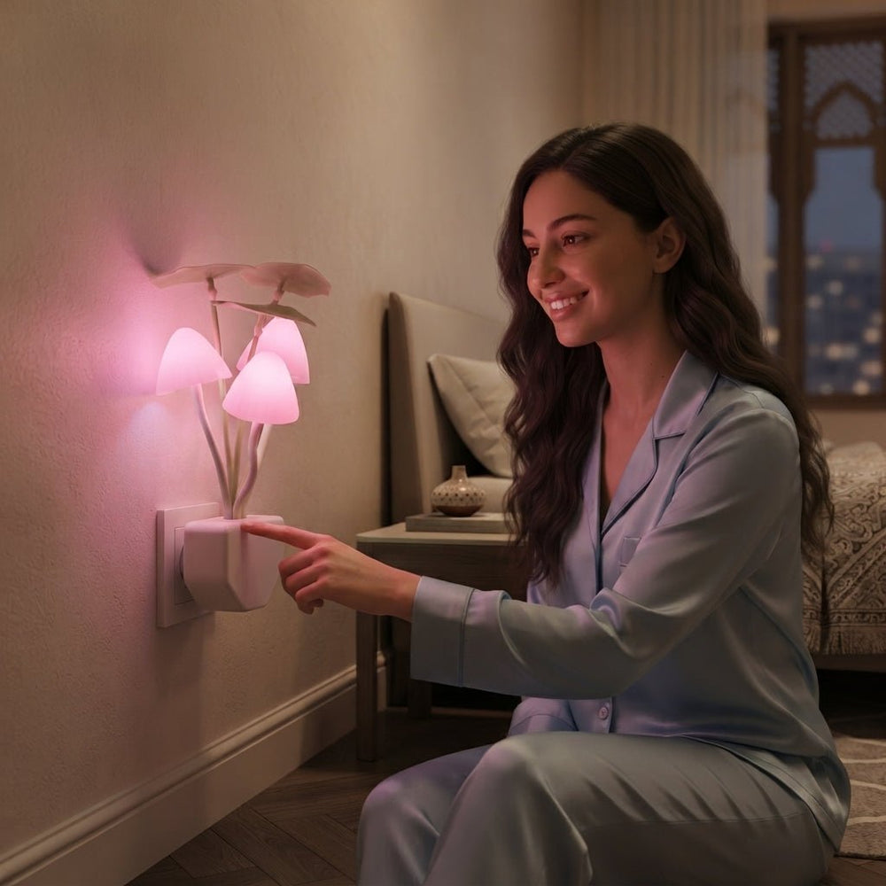 مصباح ليلي LED بتصميم الفطر وإضاءة متعددة الألوان وحساس ضوئي - آنية المنزل الراقي