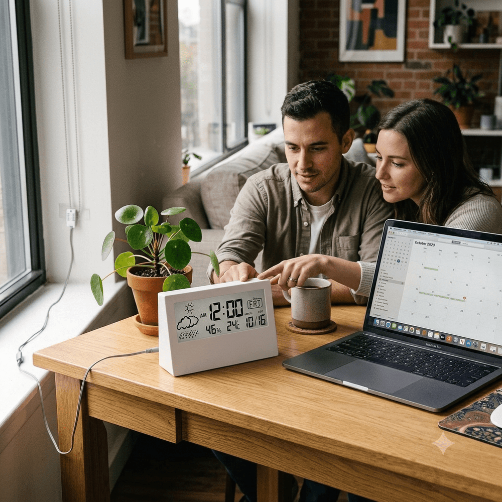 ميزان حرارة ورطوبة رقمي مع ساعة ومنبه بشاشة LCD متعددة الوظائف - آنية المنزل الراقي