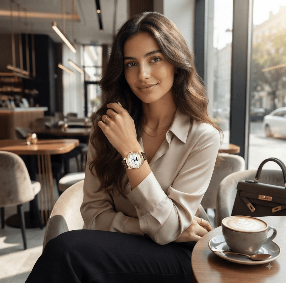 ساعة BERNY نسائية كوارتز بتقويم كامل وعرض ايام الاسبوع واطوار القمر وسوار جلدي - آنية المنزل الراقي