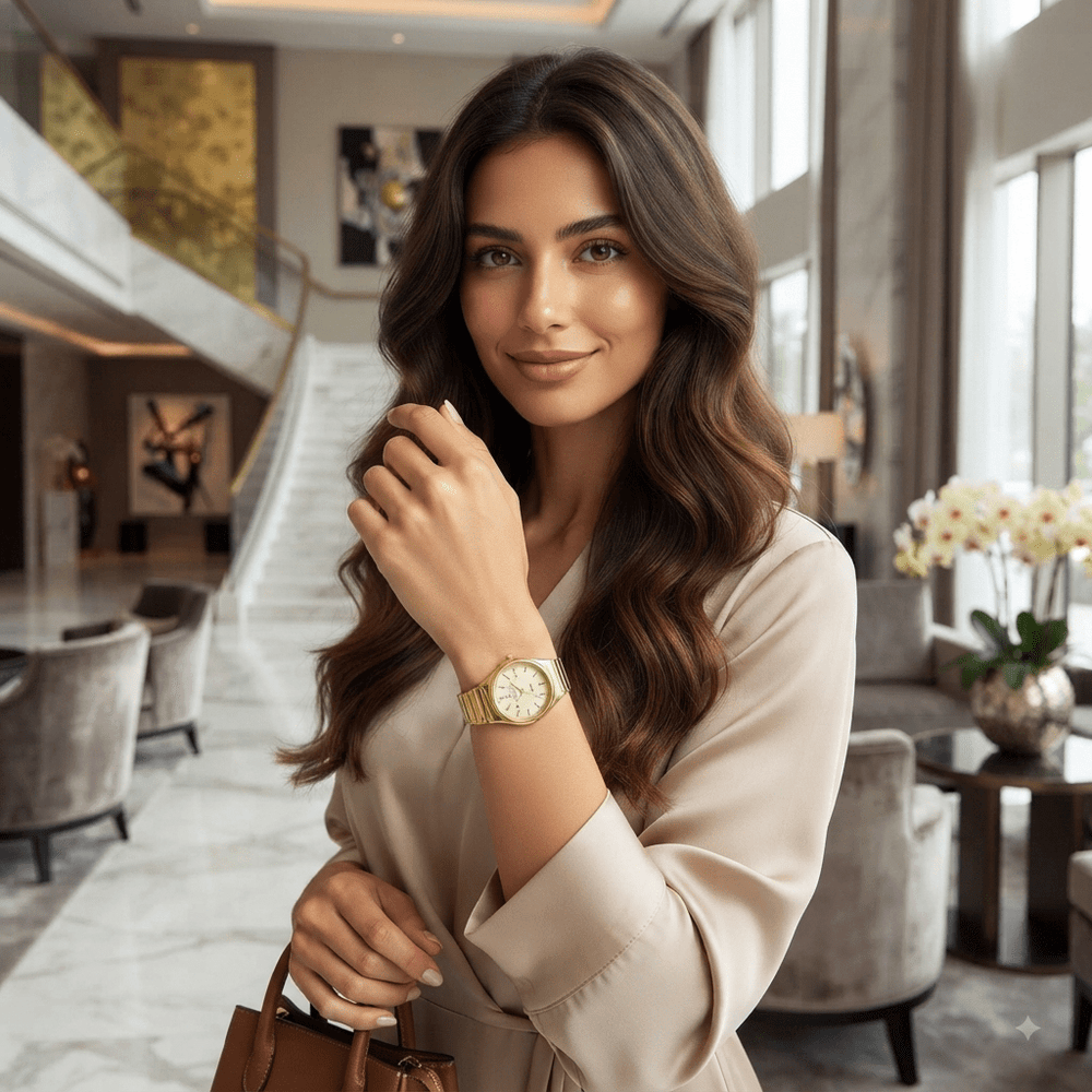 ساعة LIEBIG نسائية كوارتز فاخرة بسوار ستانلس ستيل ذهبي ومقاومة للماء - آنية المنزل الراقي