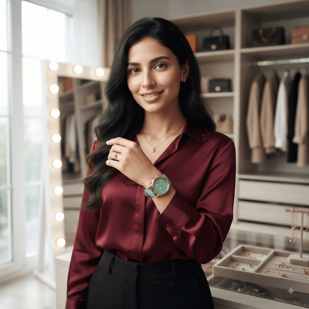ساعة نسائية كوارتز مع طقم اكسسوارات من 5 قطع بتصميم عصري وقرص بارقام رومانية - آنية المنزل الراقي