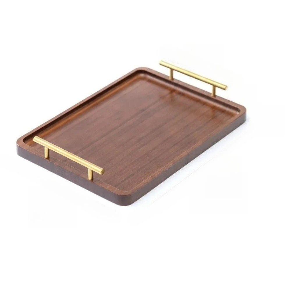 صينية تقديم خشبية بمقابض ذهبية للقهوة والوجبات الخفيفة - آنية المنزل الراقي