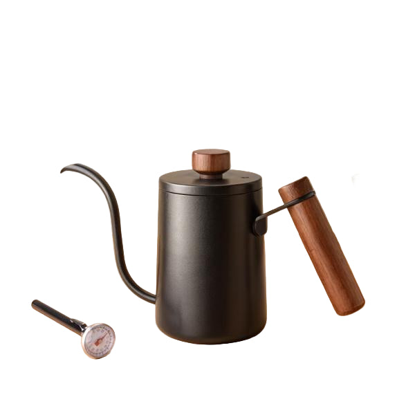 Cliton 304 stainless steel pour-over coffee maker with wooden handle. Long spout design for precise pouring. Ideal for travel, office, or home use.