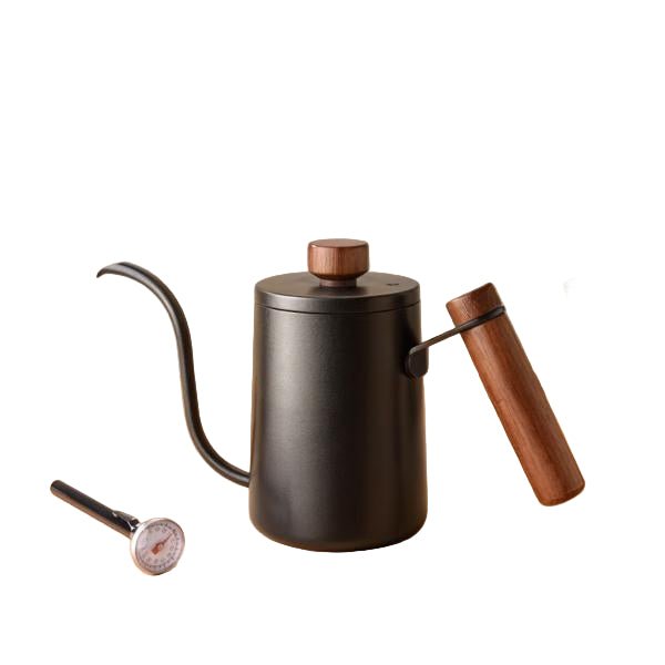 Cliton 304 stainless steel pour-over coffee maker with wooden handle. Long spout design for precise pouring. Ideal for travel, office, or home use.