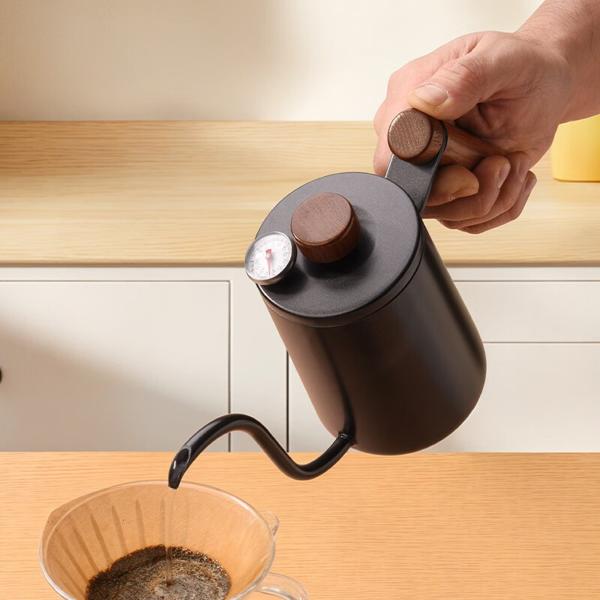 Cliton 304 stainless steel pour-over coffee maker with wooden handle. Long spout design for precise pouring. Ideal for travel, office, or home use.