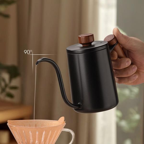 Cliton 304 stainless steel pour-over coffee maker with wooden handle. Long spout design for precise pouring. Ideal for travel, office, or home use.