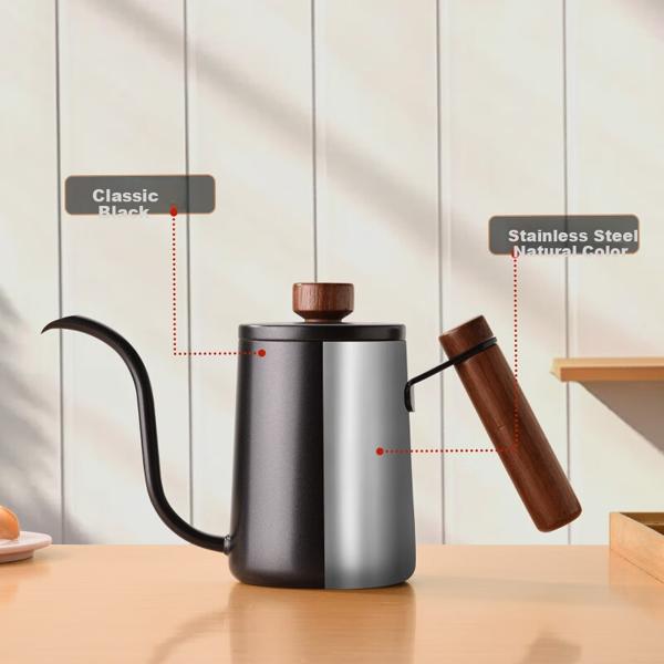 Cliton 304 stainless steel pour-over coffee maker with wooden handle. Long spout design for precise pouring. Ideal for travel, office, or home use.