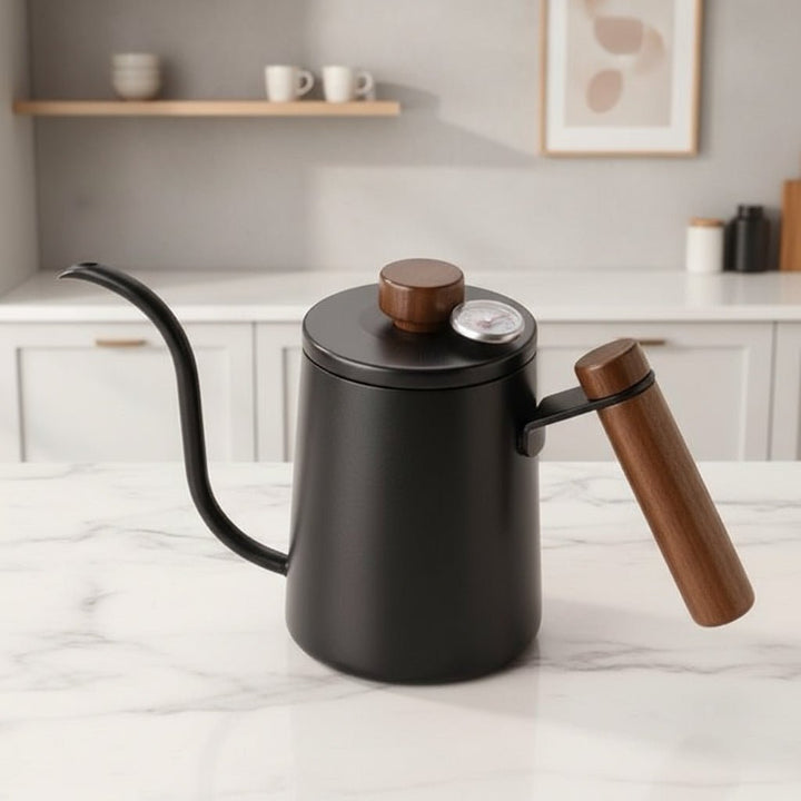 Cliton 304 stainless steel pour-over coffee maker with wooden handle. Long spout design for precise pouring. Ideal for travel, office, or home use.