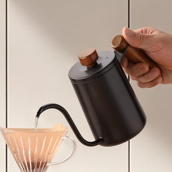 Cliton 304 stainless steel pour-over coffee maker with wooden handle. Long spout design for precise pouring. Ideal for travel, office, or home use.