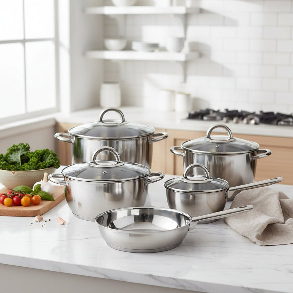 Bavaria 9-Piece Sturdy Non-Stick Coating Comfortable Grip Fix Handles Cookware Set Silver