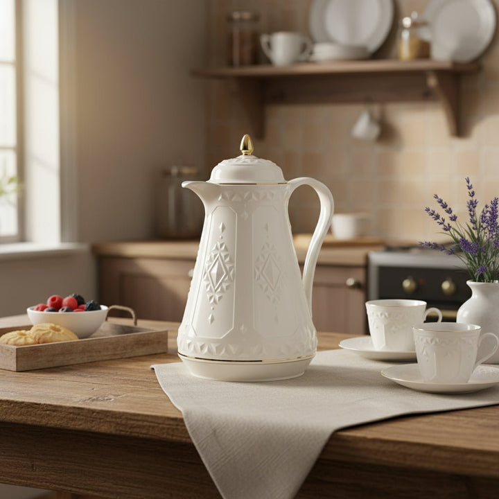 Rose Plastic 2121 Leak Proof Design Tea Thermos with Ergonomic Handle White and Gold 1 Liter