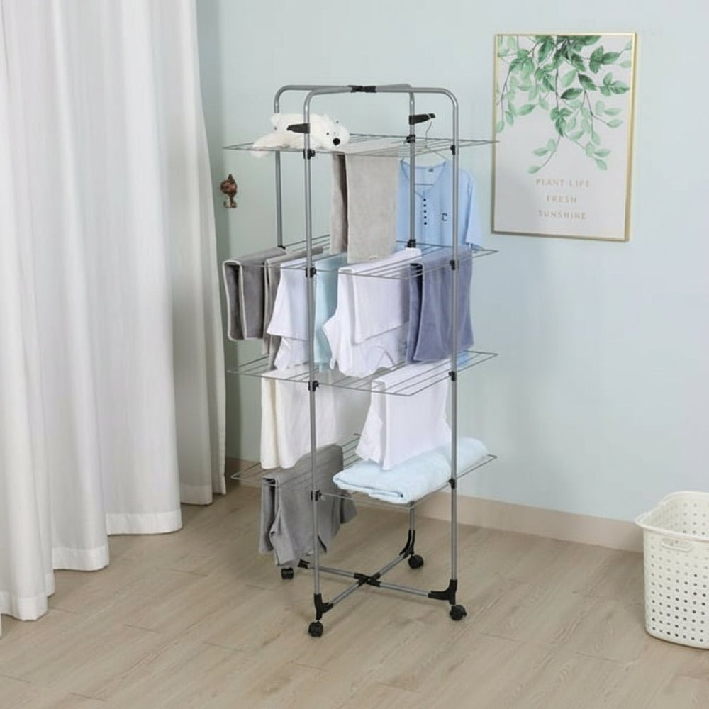 Honeybee Freestanding Foldable Cloths Drying Rack with Wheels Silver and Black