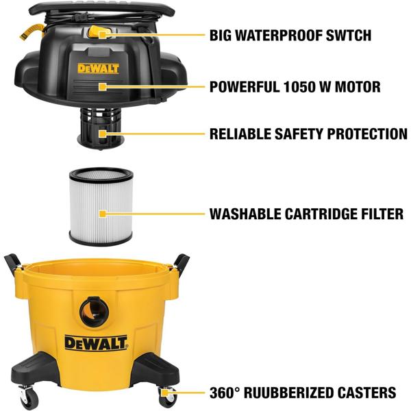 Dewalt 1050W Wet and Dry Drum Vacuum Cleaner Yellow and Black 20 Liter DXV20P