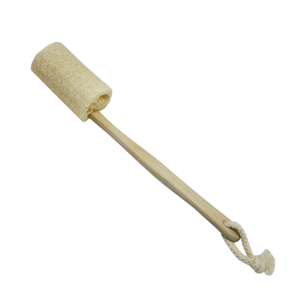 Natural bath sponge with long wooden stick for back cleaning