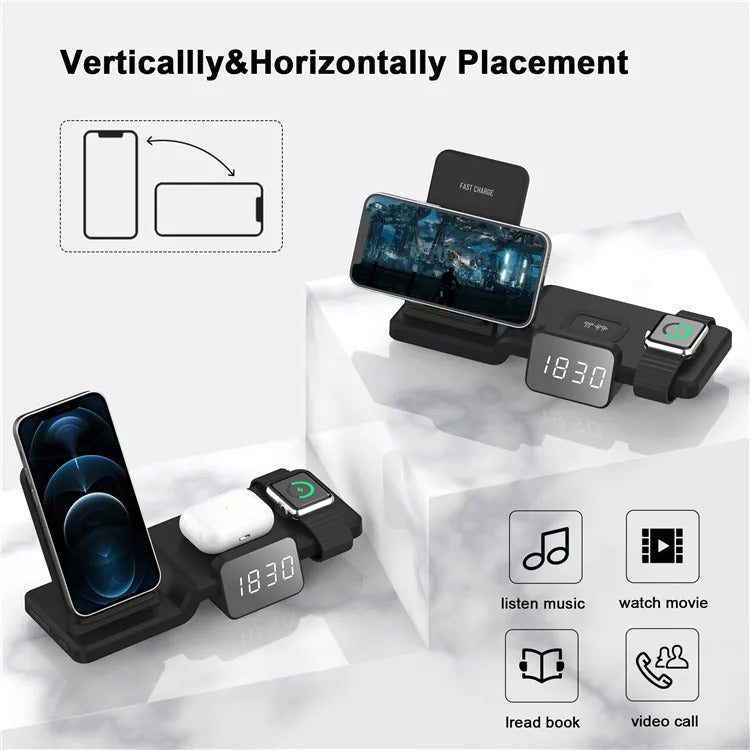 منصة شحن لاسلكية 5 في 1 مع ساعة منبة رقمية